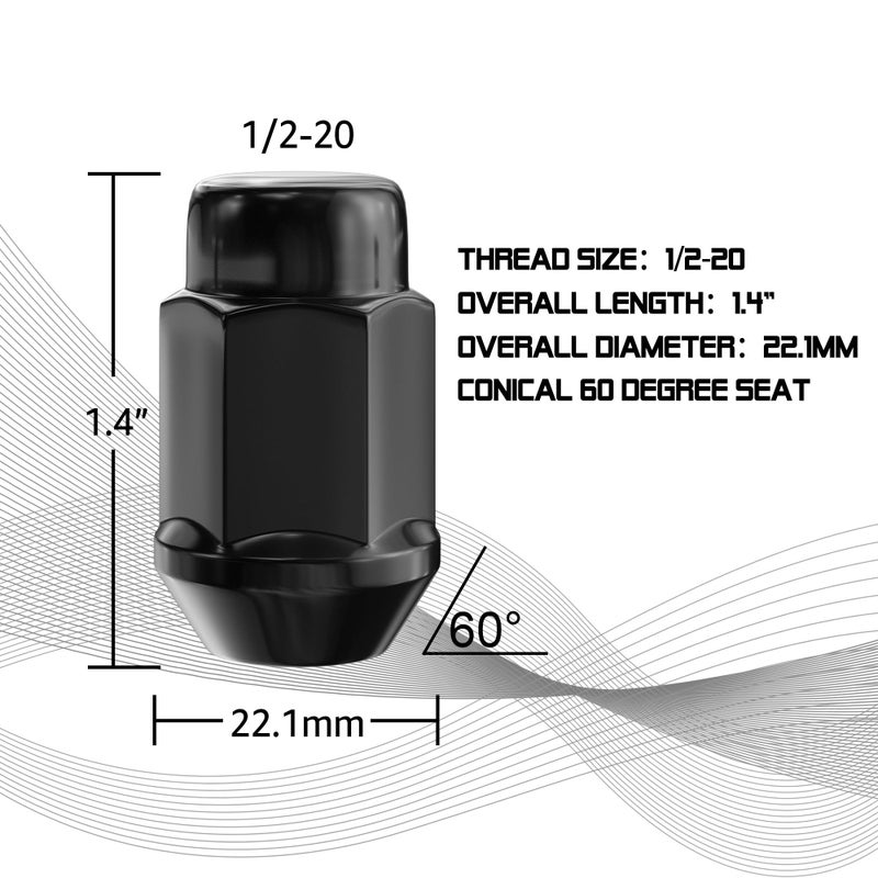 FLYCLE 20PCS 1.4 inch 1/2-20 Closed End Bulge Acorn Black Lug Nuts - Cone Seat - 19mm Hex Lug Nut for Bronco Mustang Cherokee Liberty Ranger Exlporer YJ TJ KJ KK ZJ WJ WK XK MJ XJ Aftermarket Wheels - Image 2